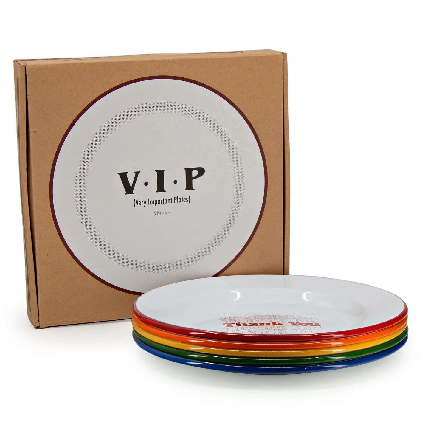 Set of five colorful plates stacked in rainbow order with a cardboard box behind labeled "V.I.P (Very Important Plates) - 5 Pieces".