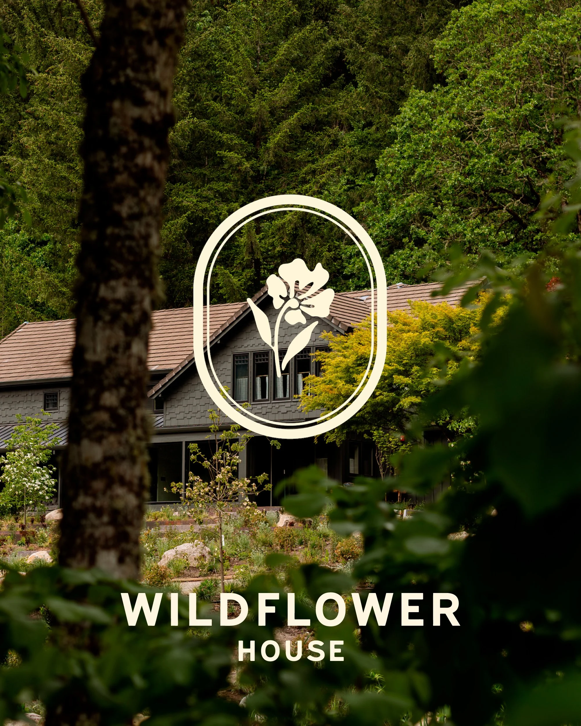 A sign for a Wildflower House, partially obscured by trees and greenery, with a background of a house surrounded by lush trees and plants.