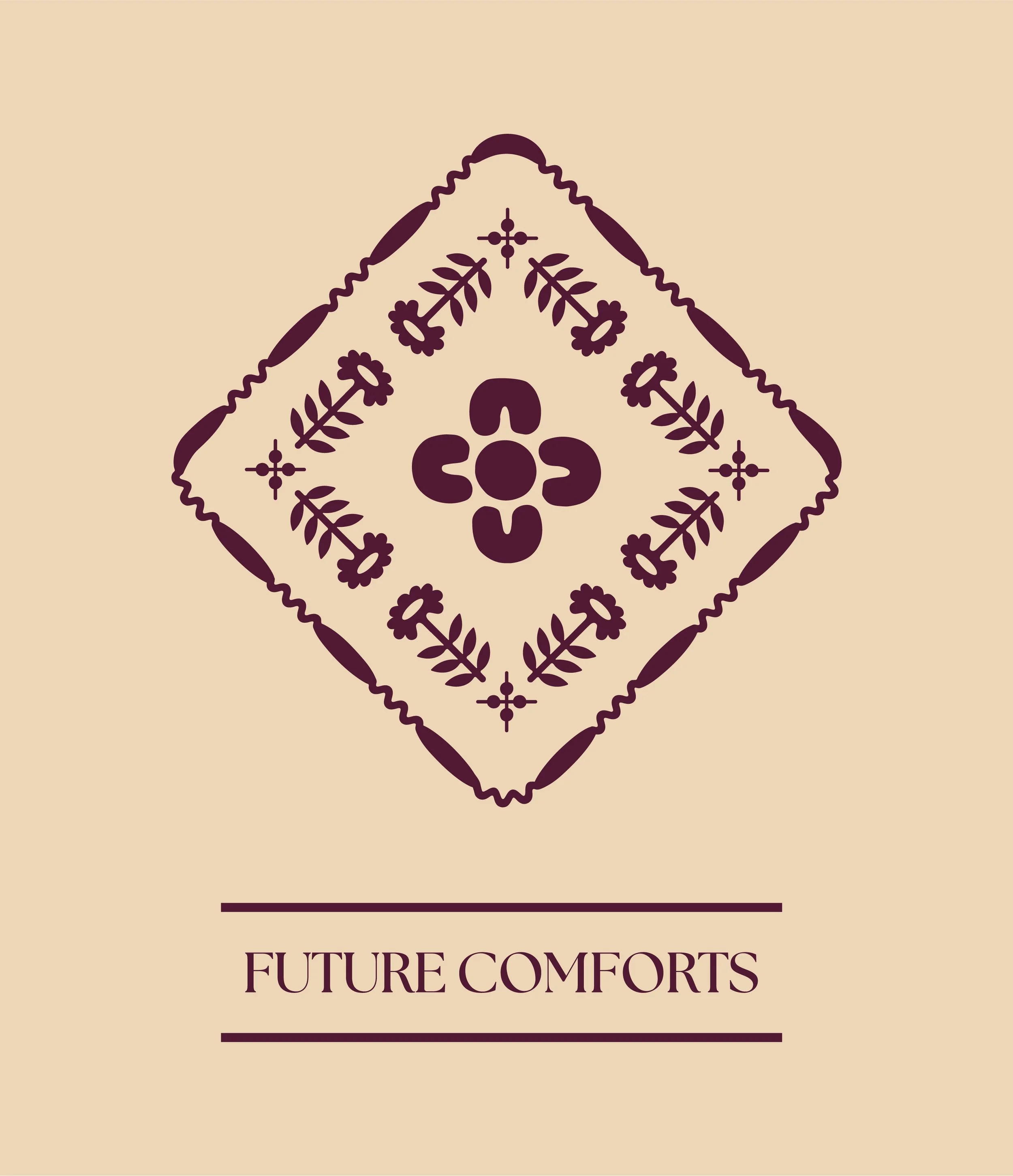 Elegant beige background with a dark purple decorative floral and geometric pattern at the top. Beneath the pattern, the text reads 'Future Comforts' in stylish capital letters, with a horizontal line above and below the text.