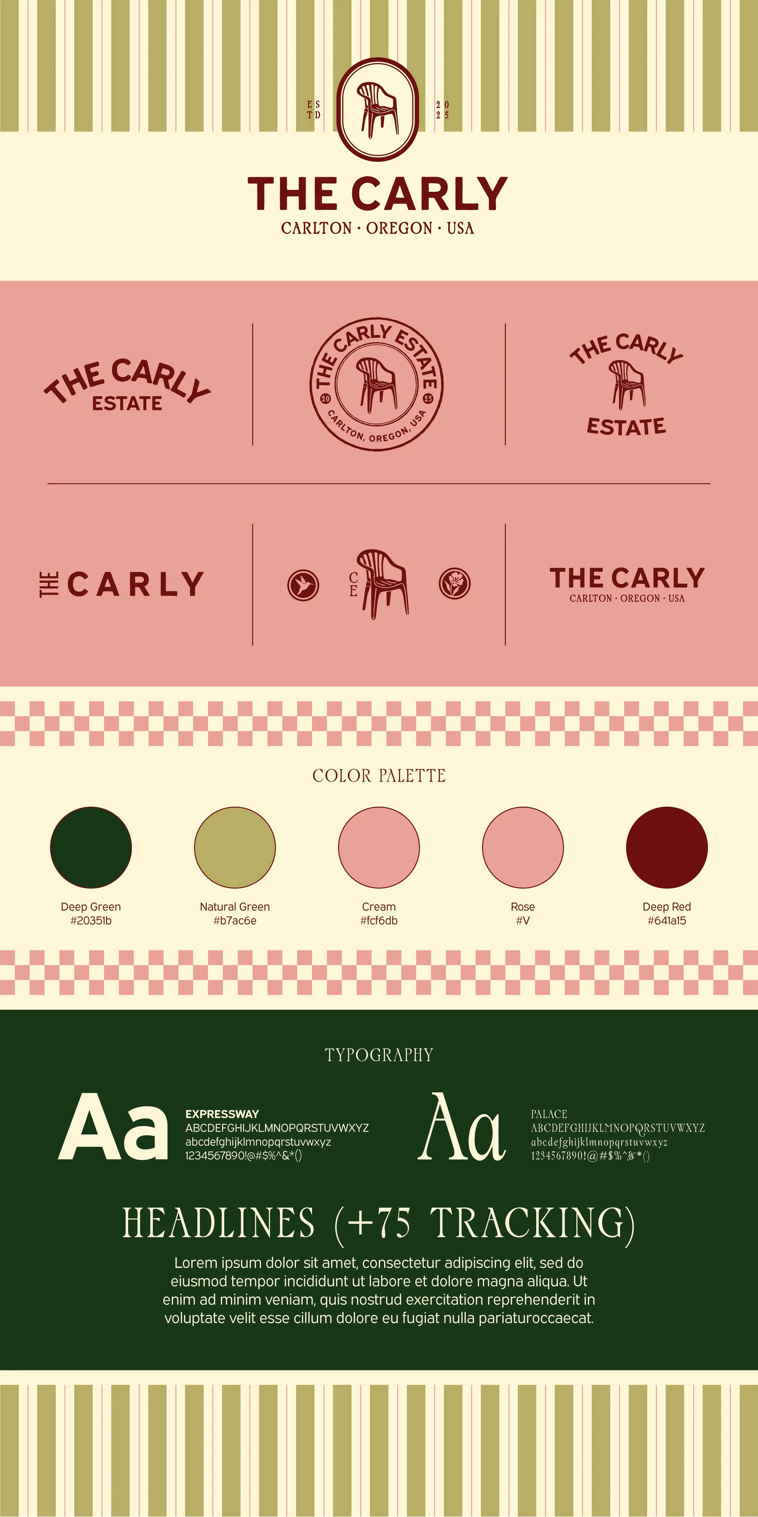 Design mockup for The Carly, a business based in Carlton, Oregon, USA. The design features a vintage chair logo, various logo variations, a color palette with deep green, natural green, cream, rose, and deep red, and typography examples including Expressway and Palace fonts. The layout includes branding elements, a section for headlines with 75 tracking, and placeholder text.