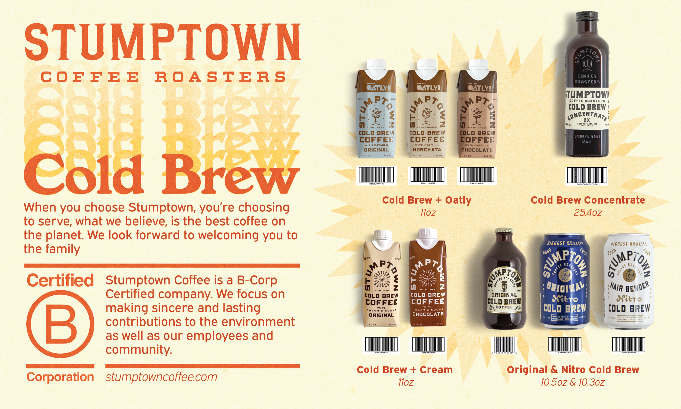 Image of a promotional poster for Stumptown Coffee Roasters, showcasing various cold brew coffee products including small cartons of oat milk cold brews in original, horchata, and chocolate flavors, along with larger bottles of concentrated and cream options. The background features a yellow design with clouds and sunburst pattern, with text emphasizing the quality and environmental focus of the brand.