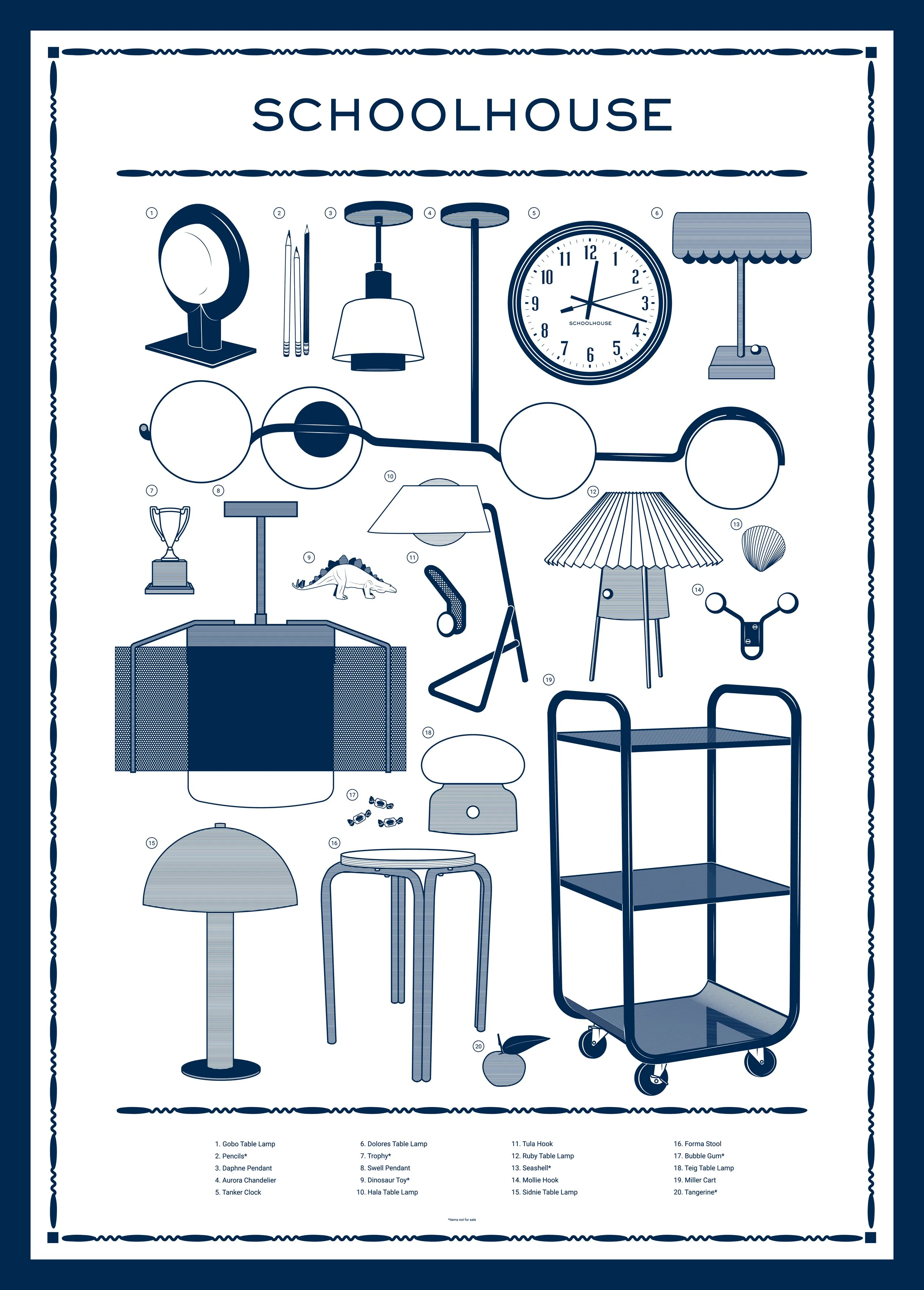 An illustration of a collection of furniture and decor items with labels and numbers. At the top, a sign reads 'SCHOOLHOUSE'. Items include various lamps, clocks, tables, a trolley, a snowboard, a dinosaur toy, and miscellaneous furniture, each numbered and listed below the illustration.