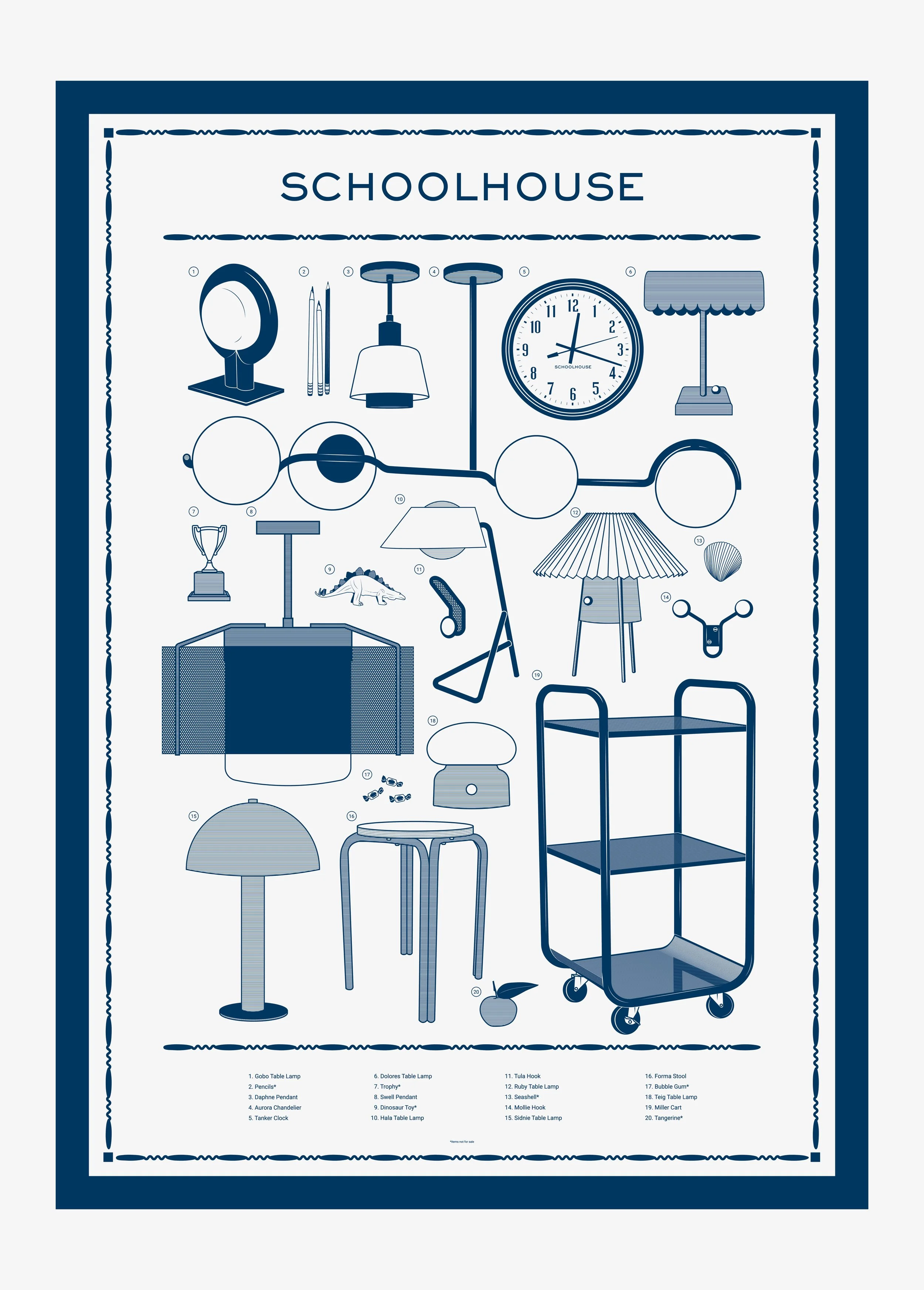 A poster titled 'Schoolhouse' displaying various household lamps with their names numbered below, including table lamps, pendant lamps, and a trolley.