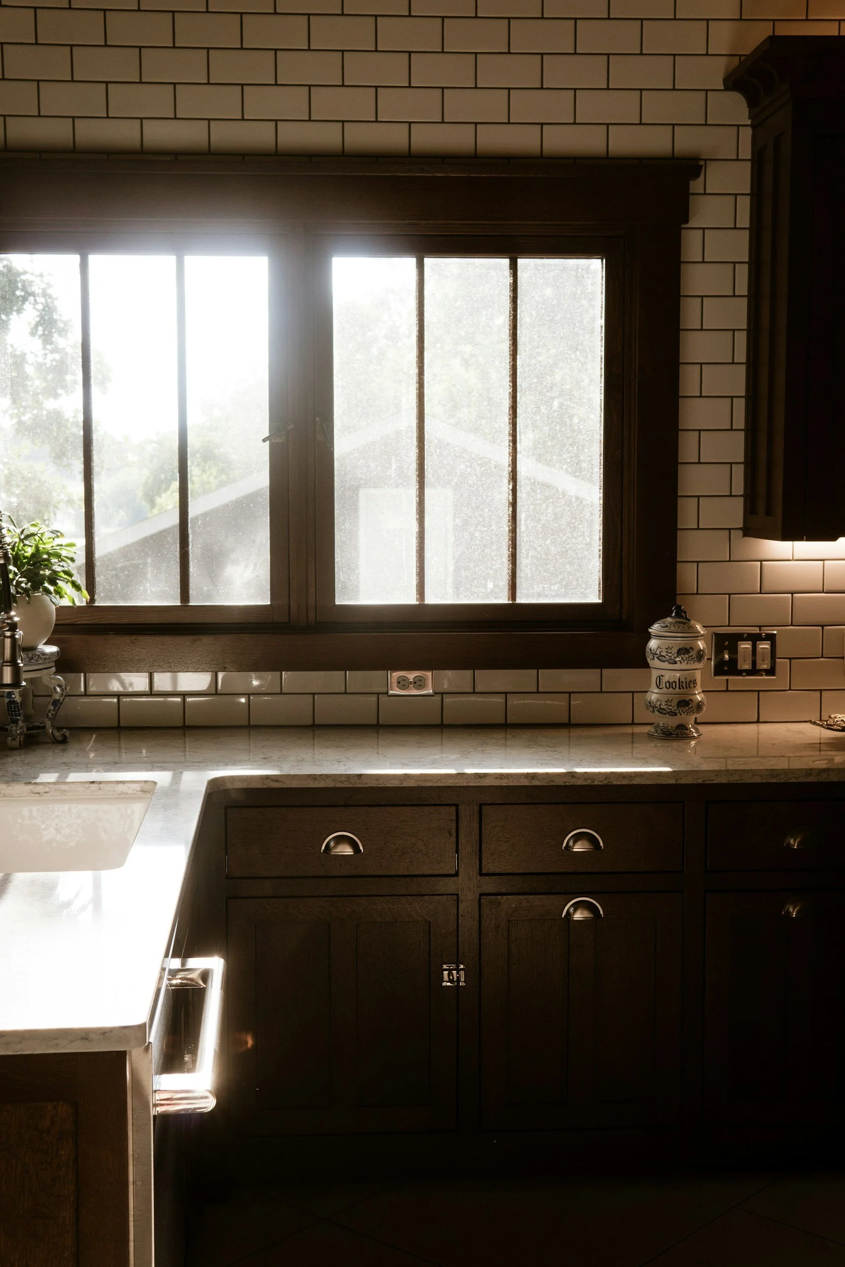 A kitchen window with a view of a tree and house outside, featuring white tiled walls, a white countertop, a potted plant, and a cookie jar on the counter.
