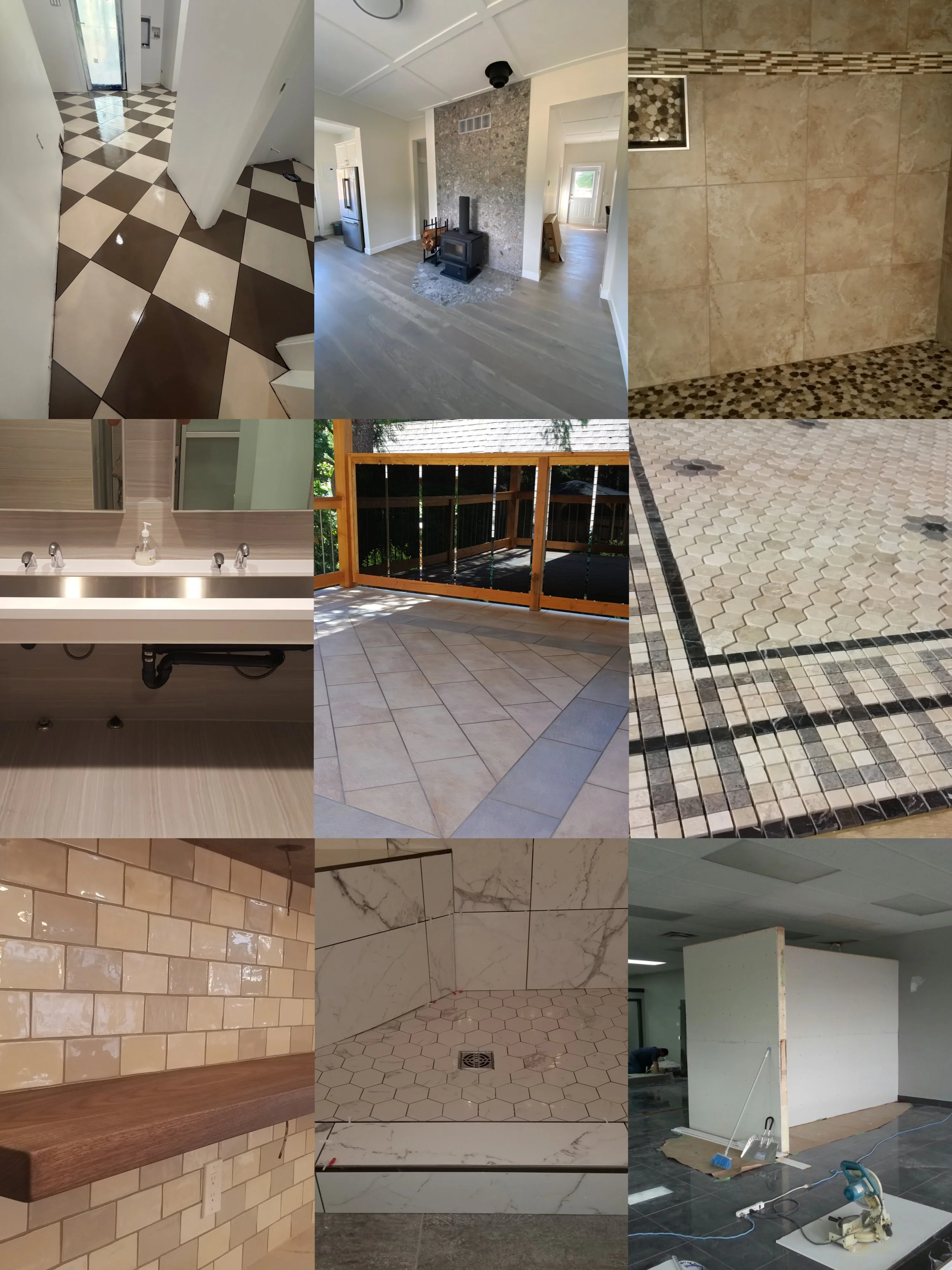 A collage of multiple images showing different types of flooring, wall tiles, and construction materials, including checkered tiles, wood flooring, marble, and mosaic tiles, as well as an unfinished room with construction tools.