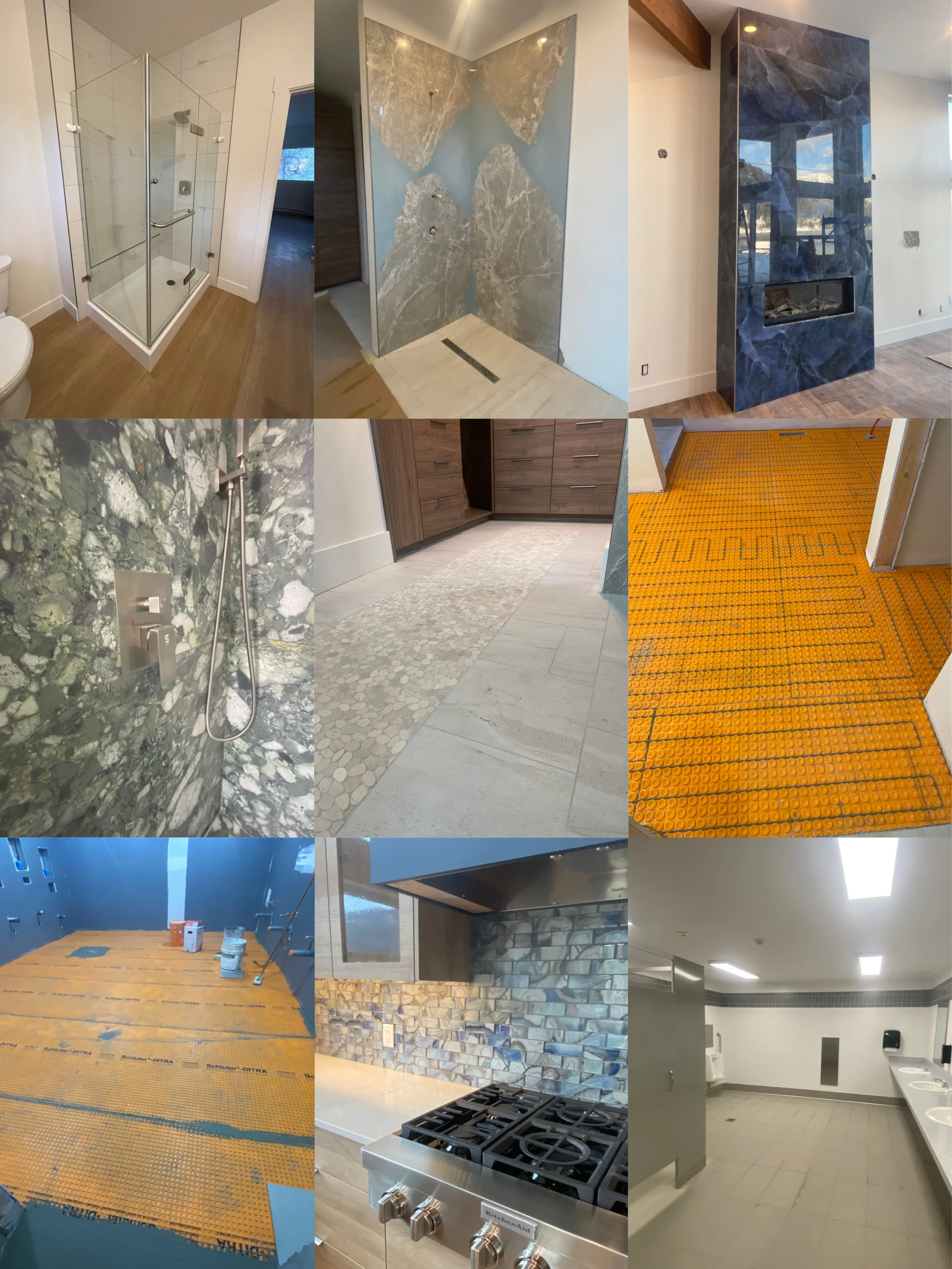 Photos of various rooms under construction or renovation including bathrooms, kitchens, and flooring with different tiles, walls, and fixtures.
