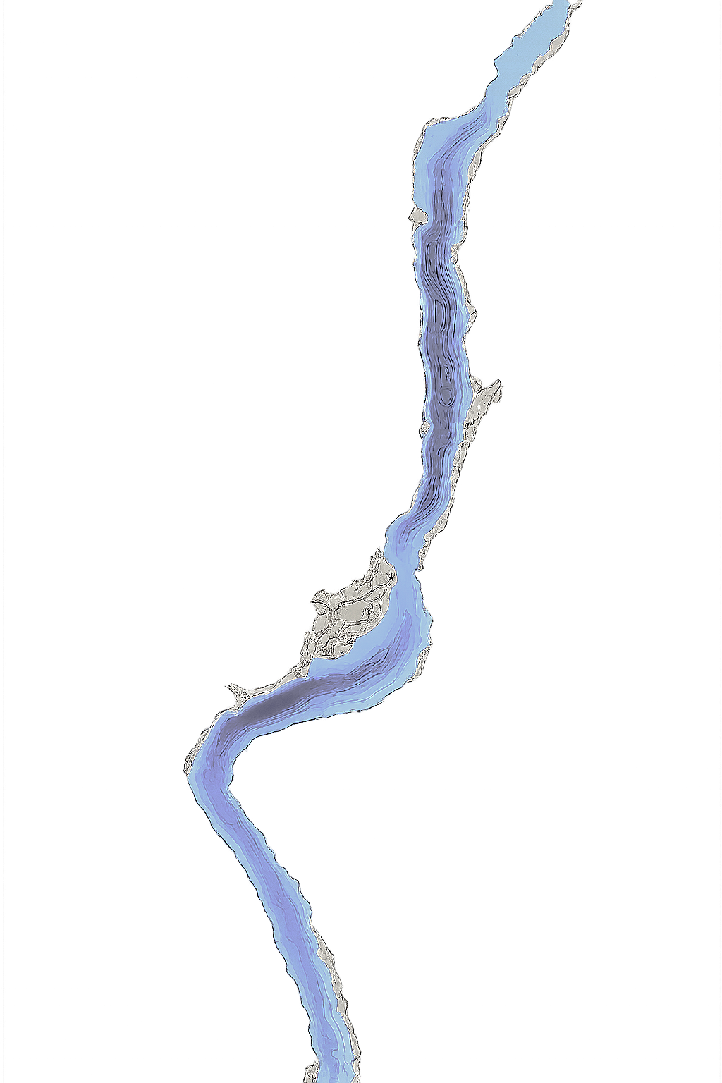 Digital map showing a winding river with blue water, land areas on both sides, and topographical elevation lines, against a black background.