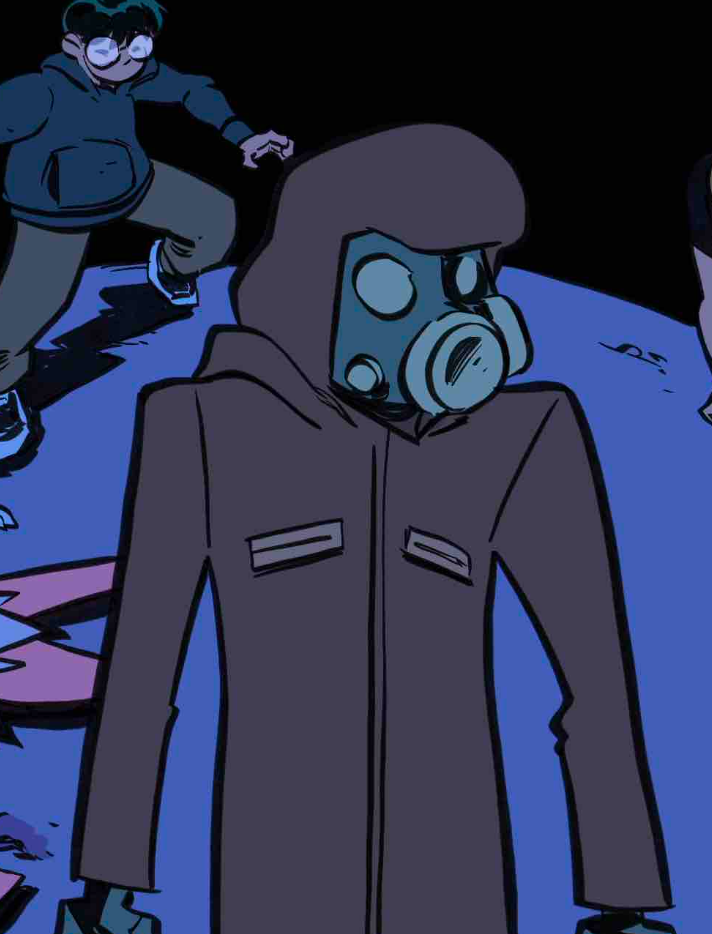 Mysterious masked character in black jumpsuit and respirator on their face walking away from a fight with people looking injured and confused.