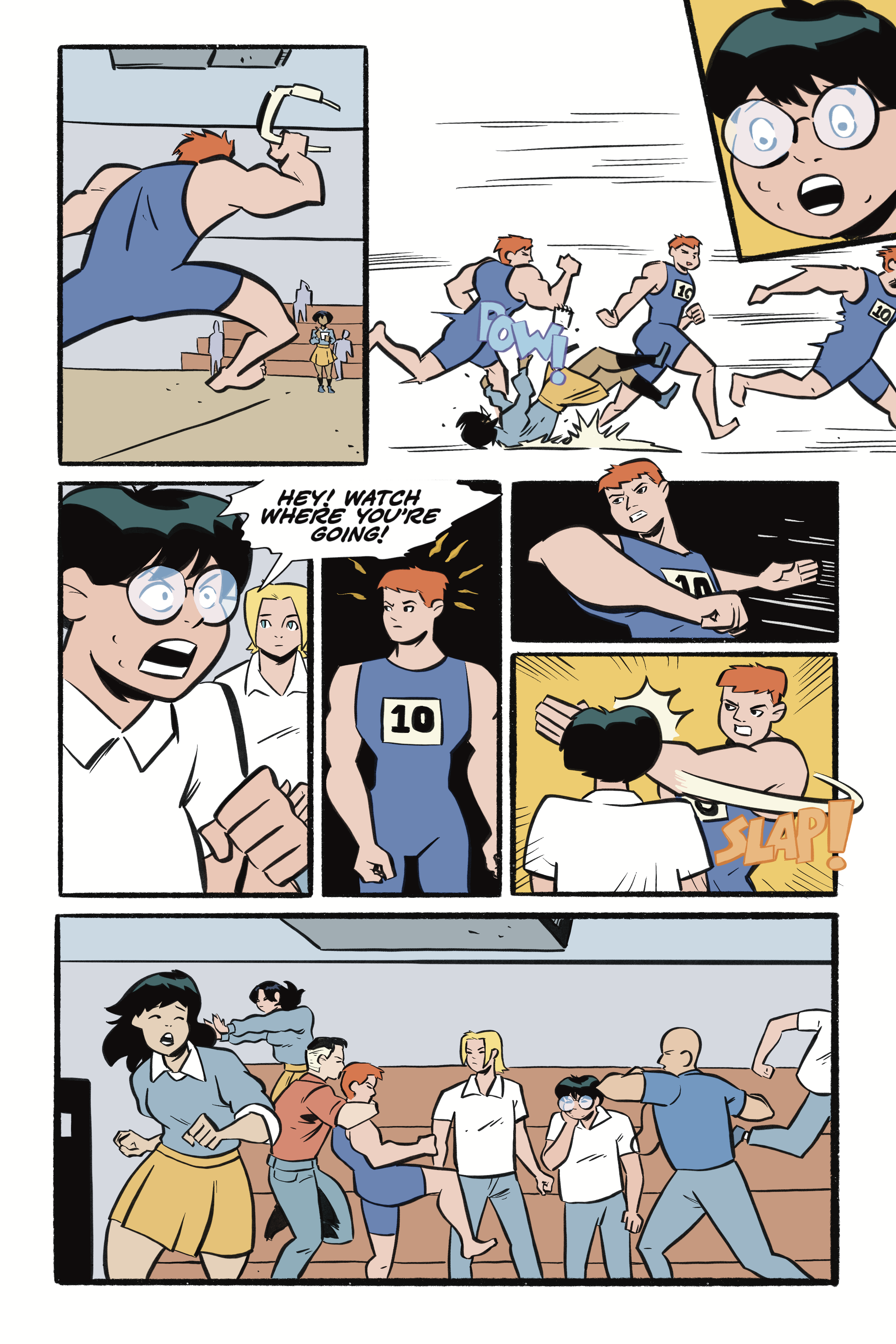 Illustration of comic characters getting into a fight