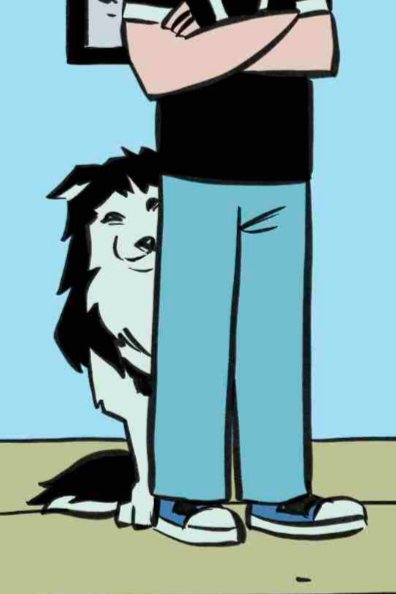 Illustration of a black and white husky hiding behind her owner's legs.