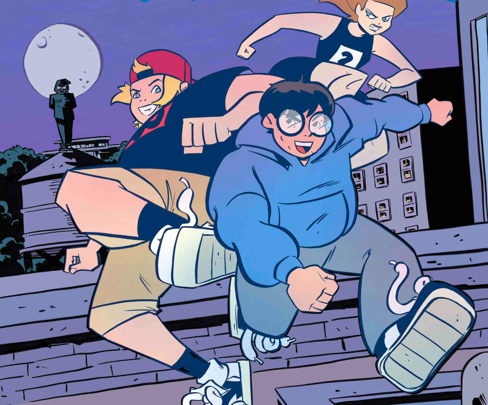 Teenage boy with blonde hair and a red baseball hat getting ready to throw a kick, next to a teenage girl in a blank wrestling singlet running behind a teenage boy with shaggy black hair and glasses in a blue hoodie.