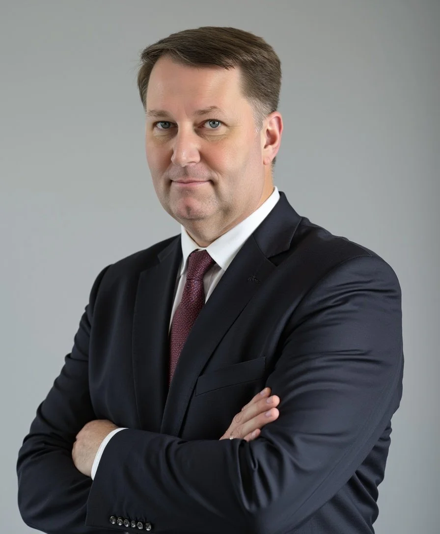 A professional man in a black suit with a red tie, arms crossed, standing against a neutral grey background.