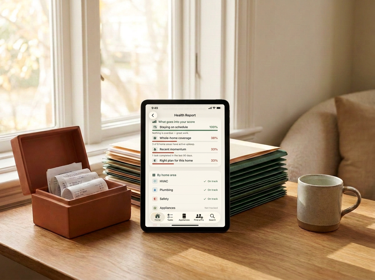Home maintenance records organized on a sunlit desk — receipts, folders and the HomeAtlas home health report you own and can export