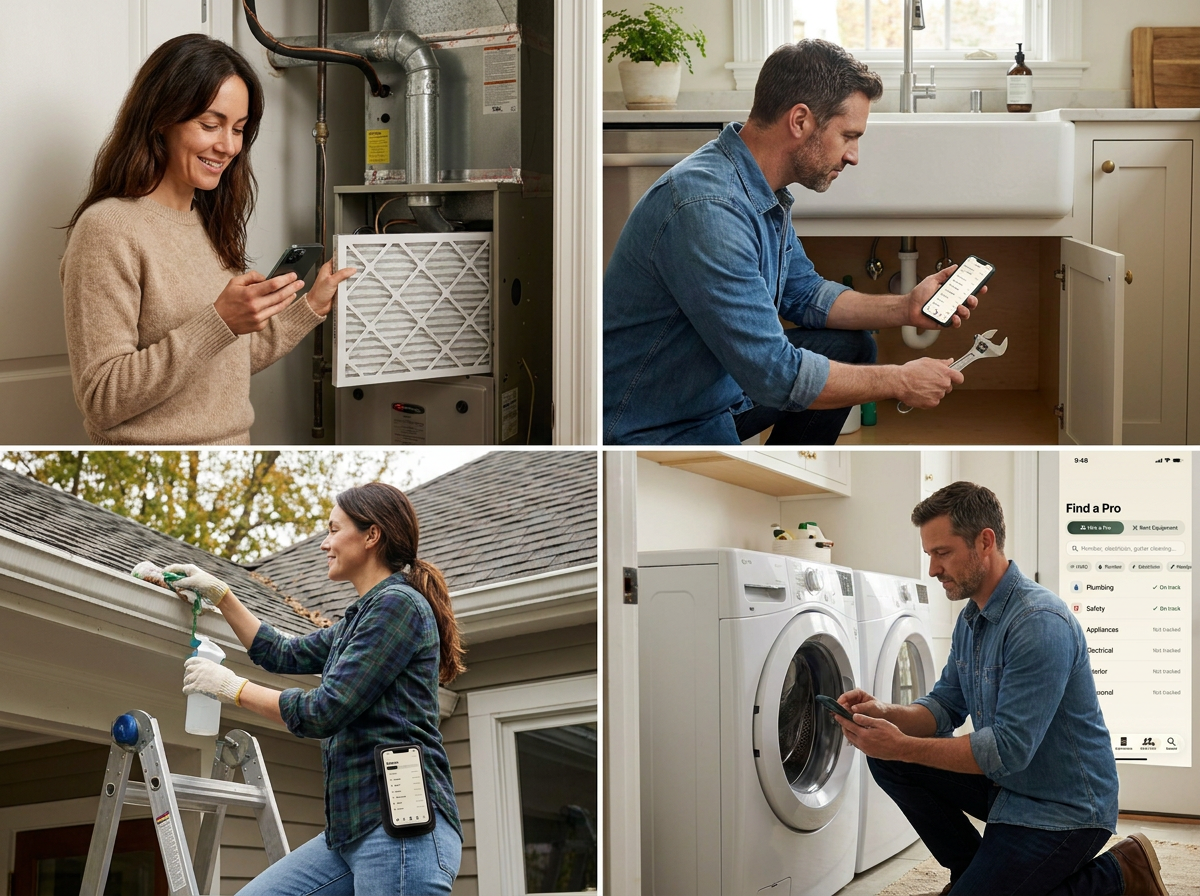 Seasonal home maintenance checklist tasks in a real home: changing an HVAC filter, checking under-sink plumbing, cleaning gutters and servicing a dryer