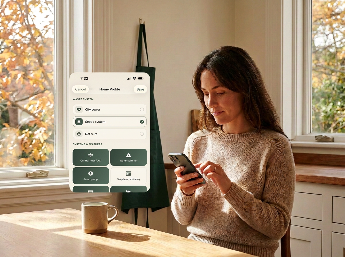Homeowner setting up her Home Profile in the HomeAtlas home maintenance app in a sunlit kitchen