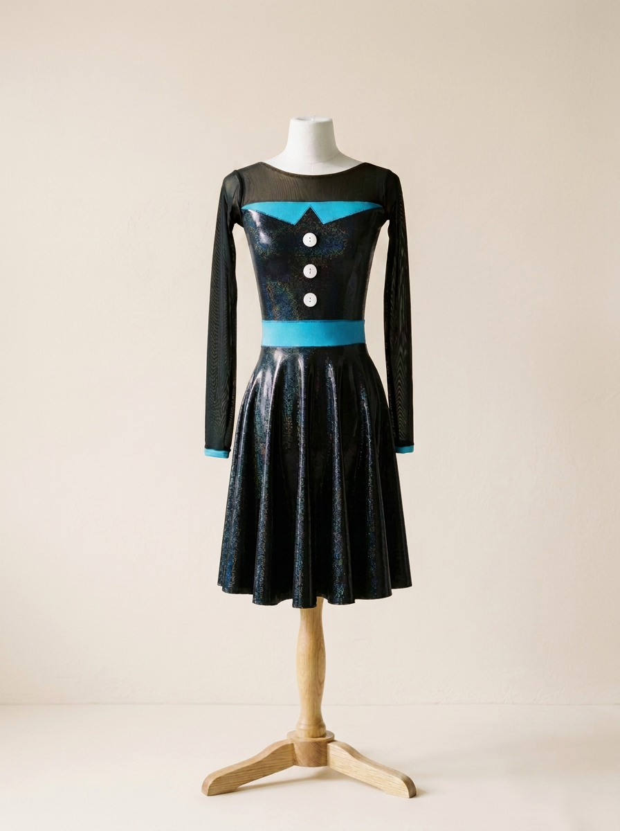 A vintage black dress with blue accents and button details displayed on a mannequin against a plain wall.