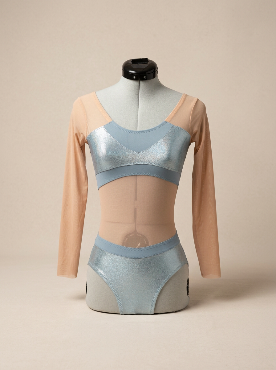 A mannequin displaying a two-tone pastel-colored bodysuit with long sheer sleeves