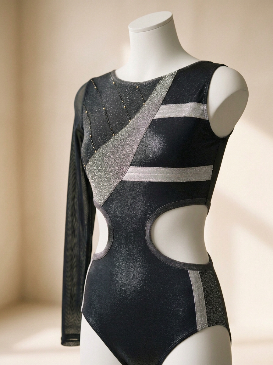 Black and silver futuristic dress with cutouts and metallic accents on a mannequin.