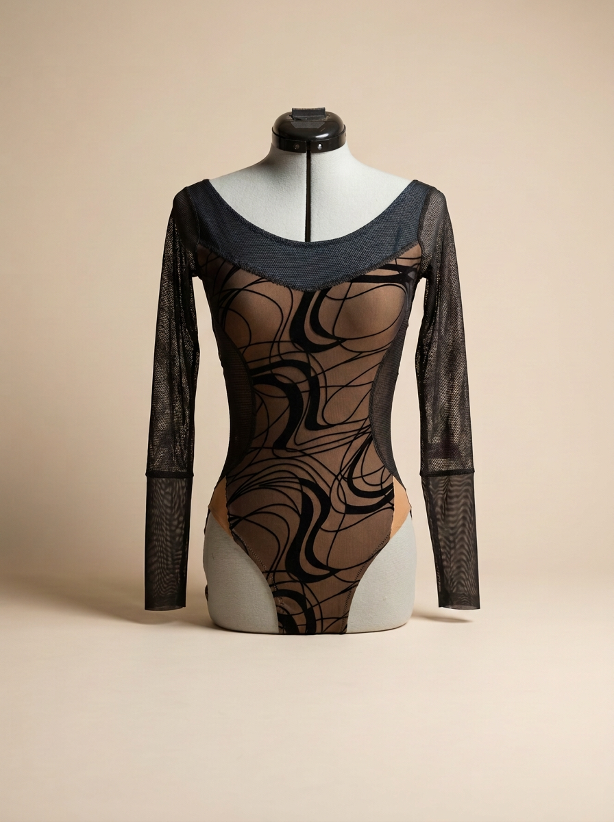 A beige mannequin dressed in a black and brown sheer bodysuit with abstract black swirl patterns and long black mesh sleeves.
