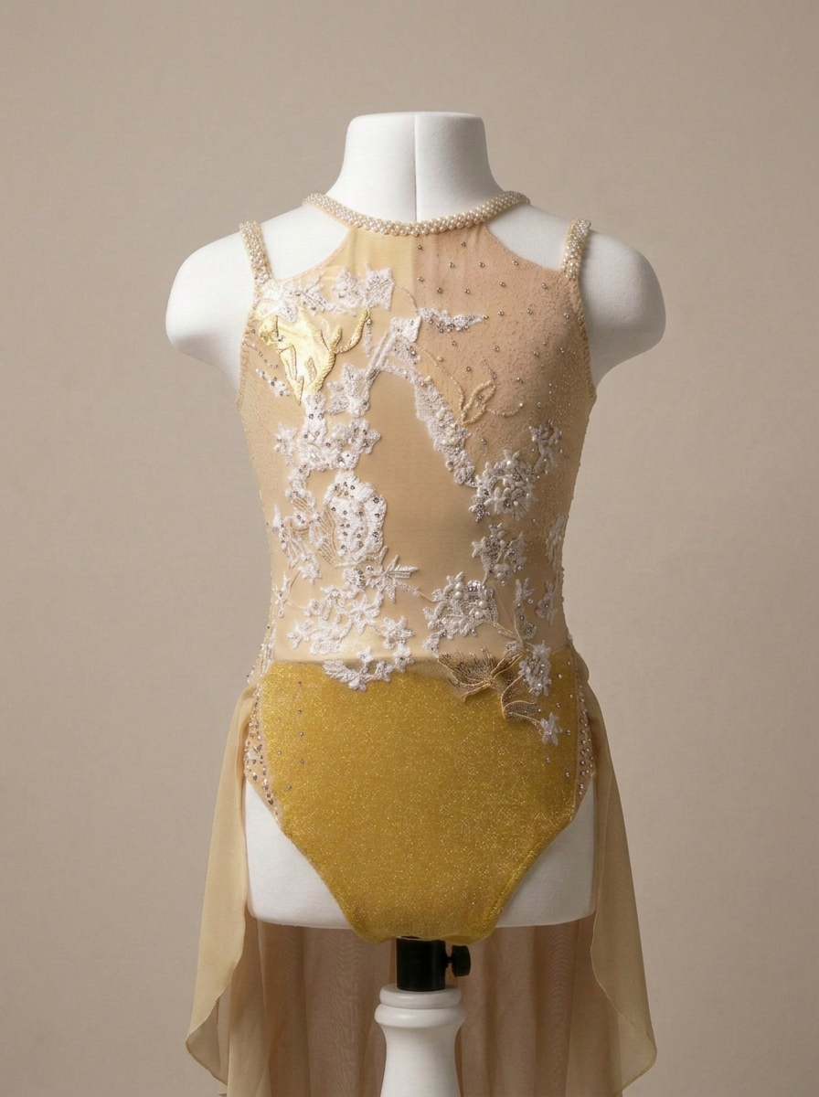 Beige and gold dress with floral embroidery and pearl details on a mannequin