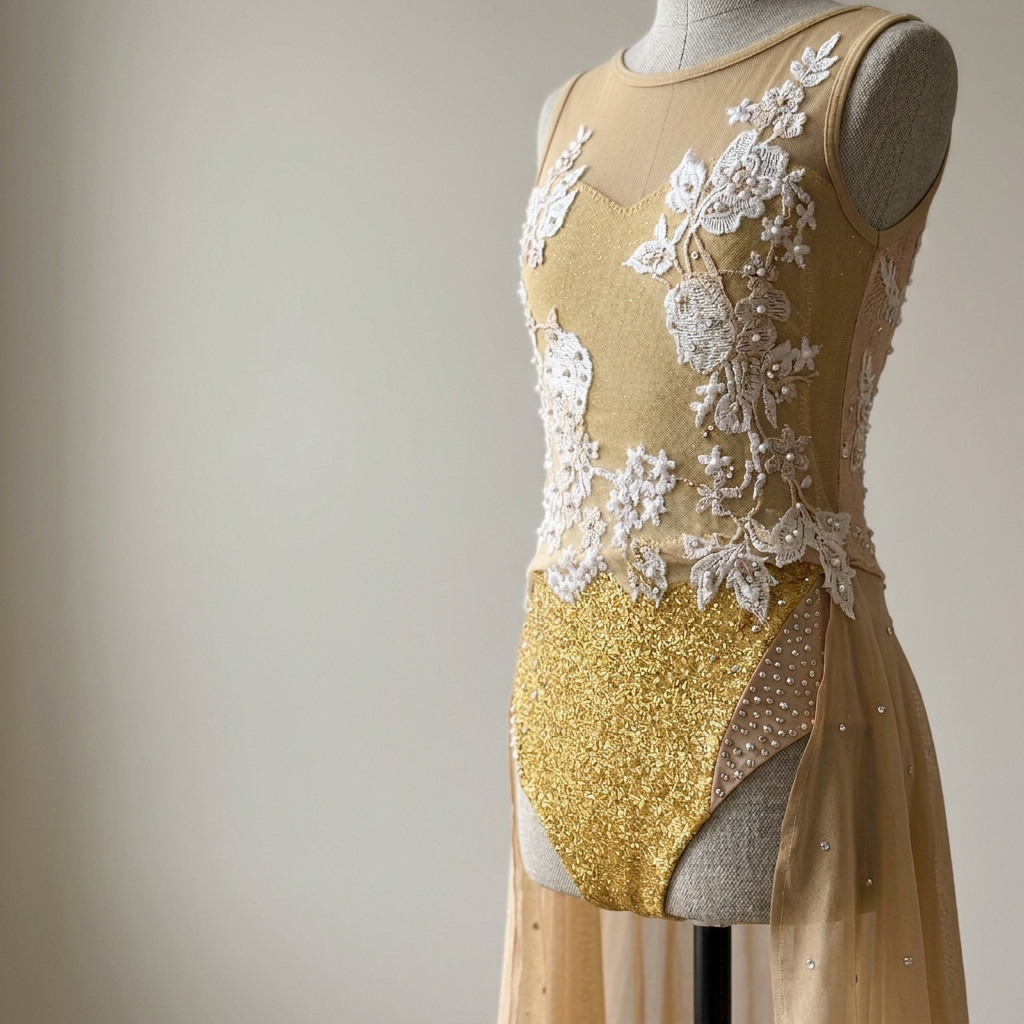 A close-up of a beige and gold dress with intricate white floral embroidery on the upper part, displayed on a mannequin.