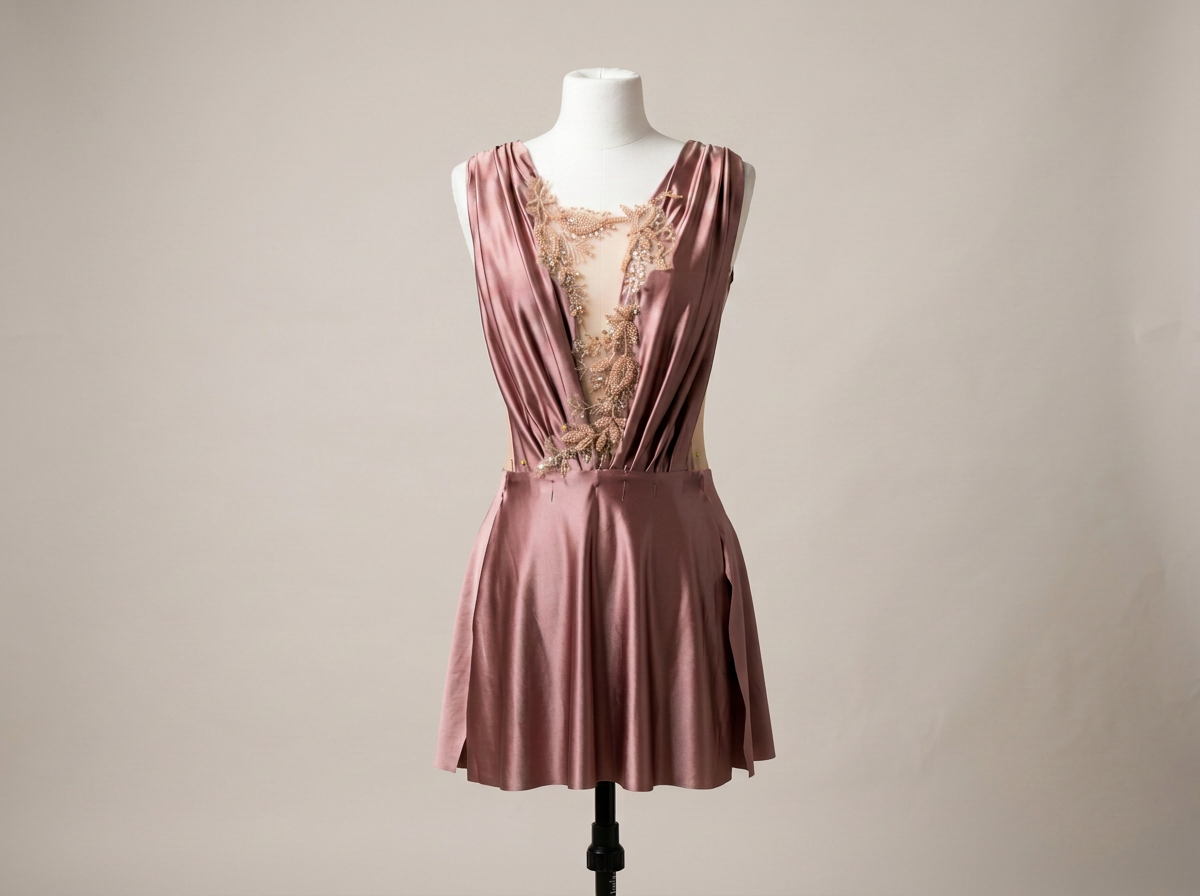 A pink satin dress with floral embroidery detail and a pleated skirt on a mannequin
