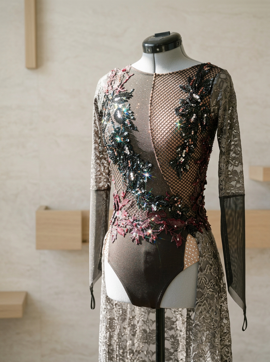 A mannequin dressed in an elegant, embellished bodysuit with floral embroidery and sequins, featuring sheer lace and mesh panels, displayed against a neutral background.
