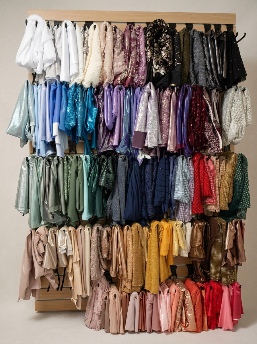 A clothing rack filled with various colorful dresses and garments in multiple shades and patterns, organized on hangers.