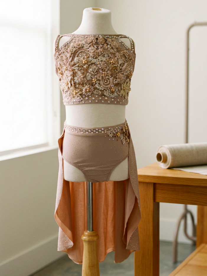 A dress form displays a beige embellished evening gown with intricate embroidery, beads, and floral appliques, featuring a sheer crop top and a flowing skirt, in a bright, well-lit room.