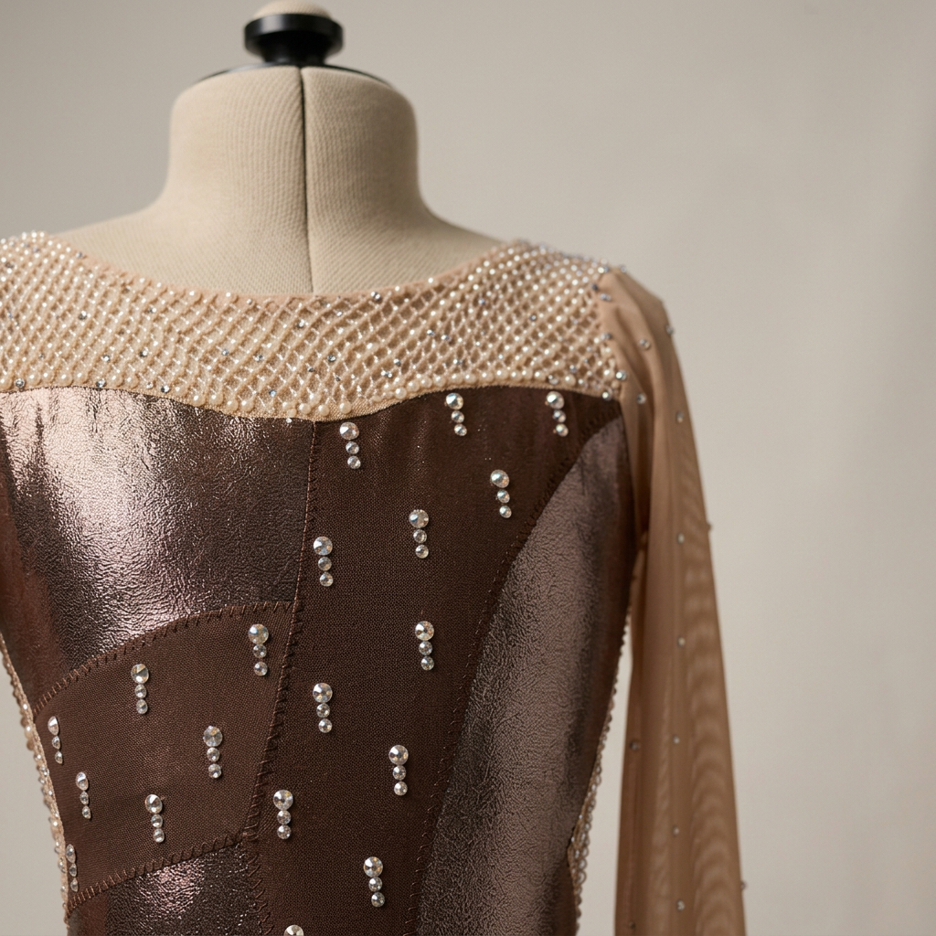 A fashion mannequin wearing an elaborate dress with a metallic brown and beige color scheme, decorated with pearls and rhinestones.
