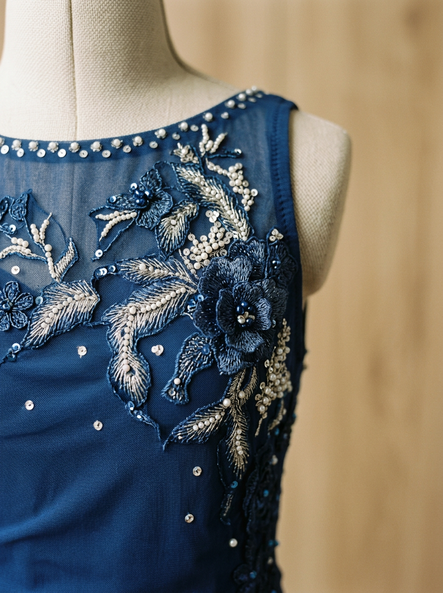Close-up of a blue dress with floral embroidery and pearl embellishments on a mannequin.