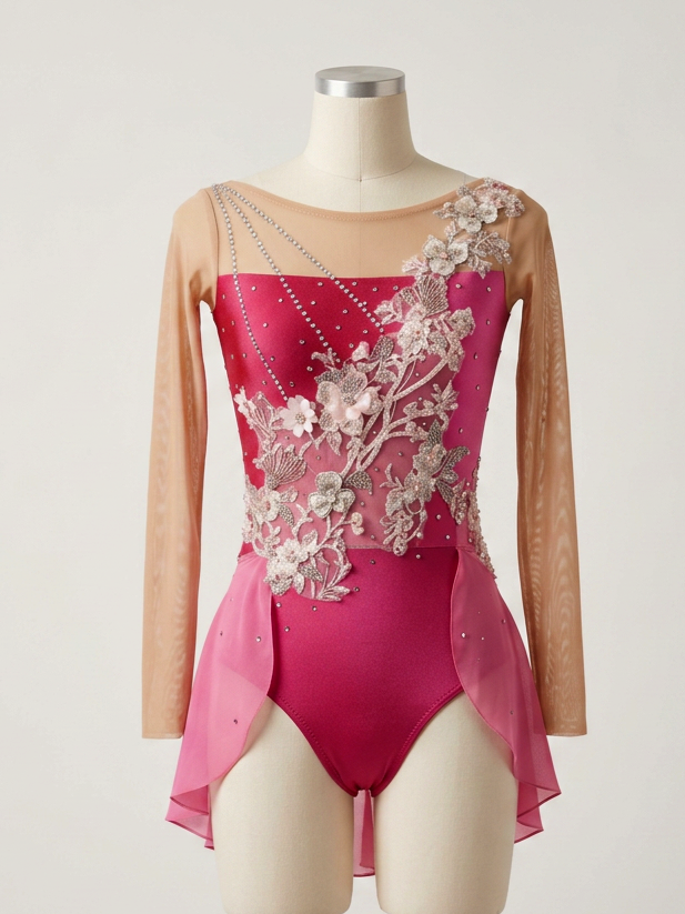 Pink and beige dance costume with floral embroidery and pearl accents.