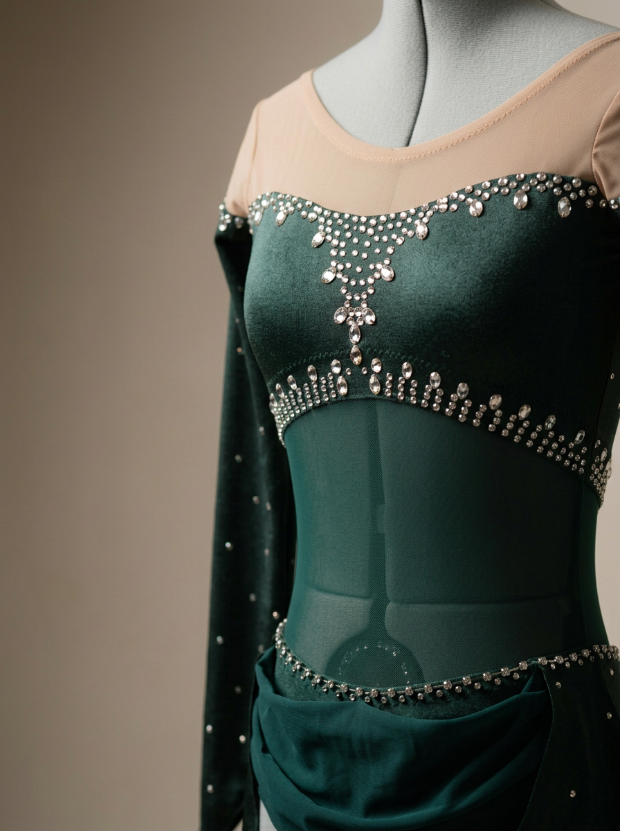 A mannequin wearing a dark green dress with sheer fabric and rhinestone embellishments, featuring a boat neckline and long sleeves.