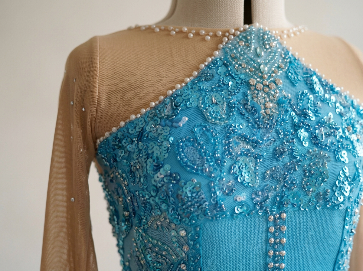 A blue dress with sequins and rhinestones on a mannequin, featuring a sheer beige top with pearl details.