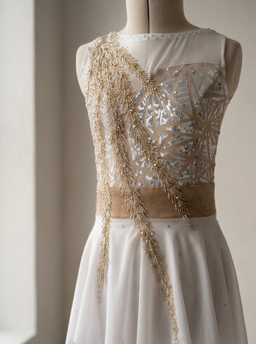 An elegant dress on a mannequin, featuring a beaded floral embellishment on the shoulder, sheer geometric sequin detailing on the bodice, and a tulle skirt with small embellishments.