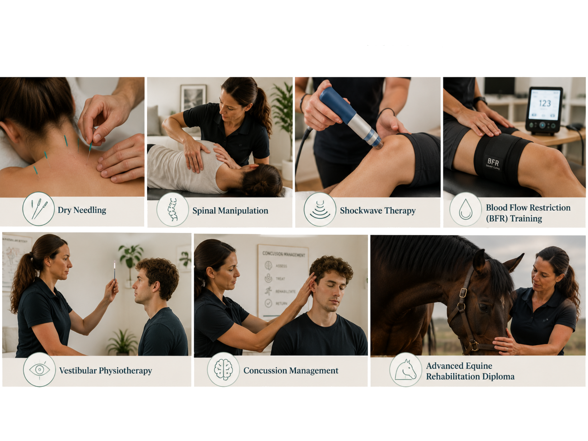 A collage of four images illustrating different hydrotherapy procedures and rehabilitation techniques for horses and humans, including dry needling, spinal manipulation, shockwave therapy, blood flow restriction training, vestibular physiotherapy, concussion management, and advanced equine rehabilitation diploma.
