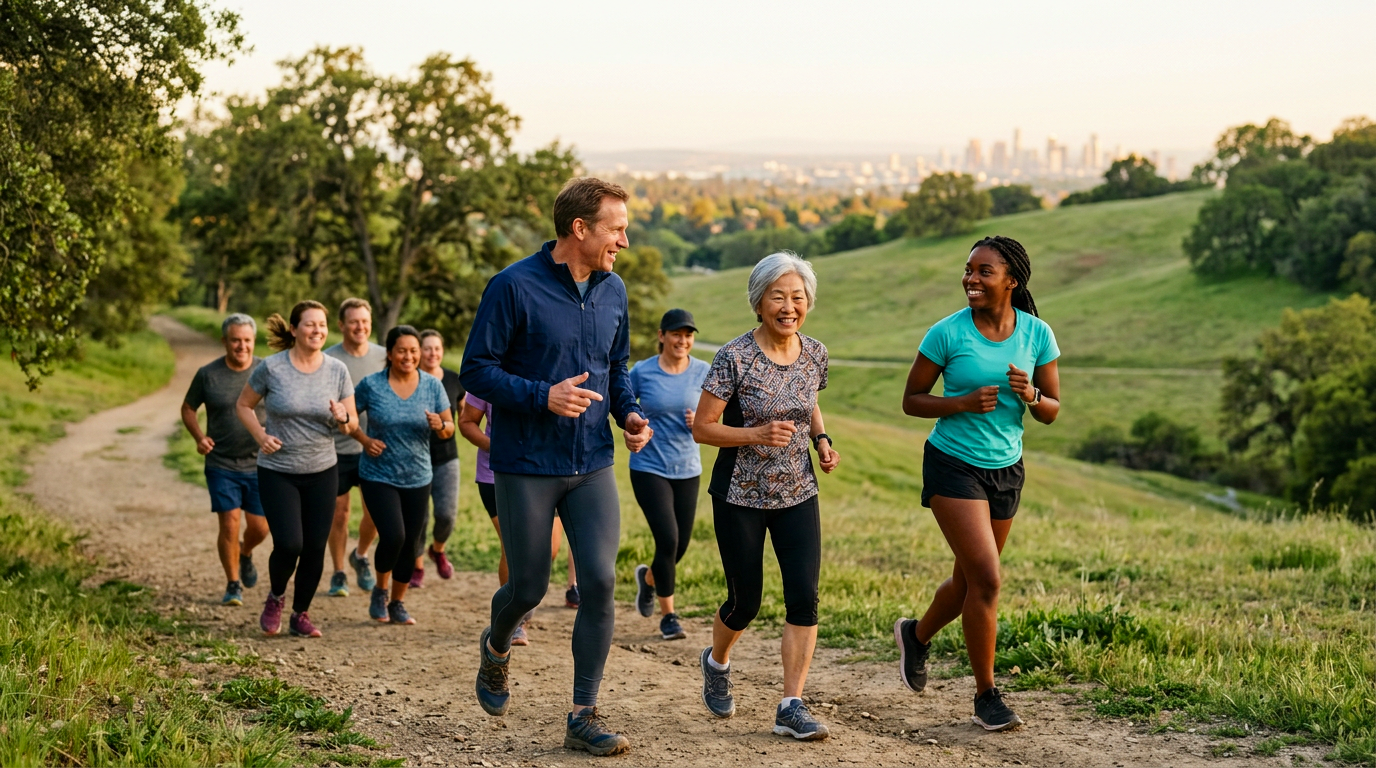 Group of people running outdoors on a trail in a green park with trees and a city skyline in the background during daytime.