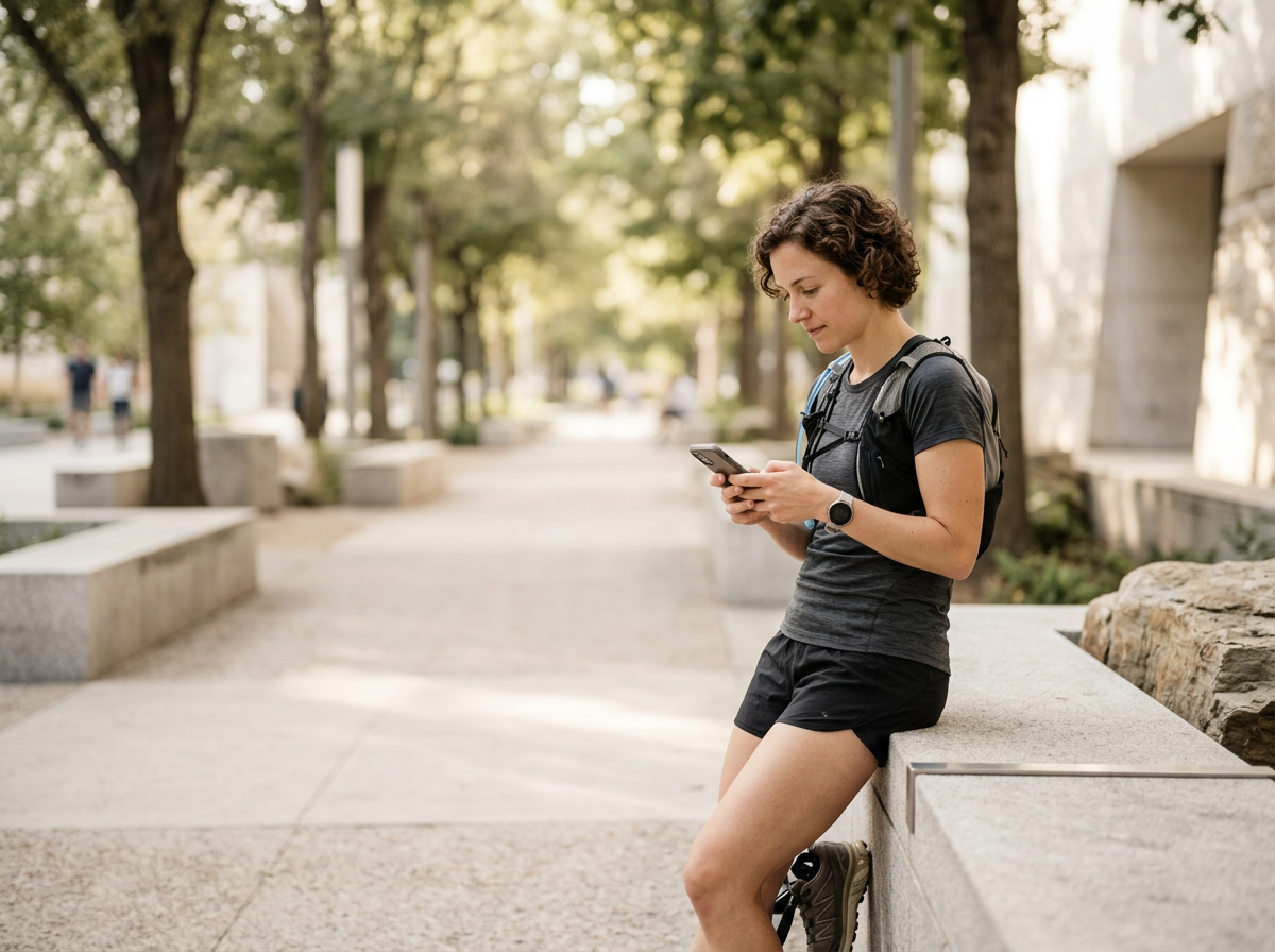 A young woman with short curly hair, wearing a gray t-shirt, black shorts, and a smartwatch, sitting on a stone bench outdoors and looking at her smartphone.