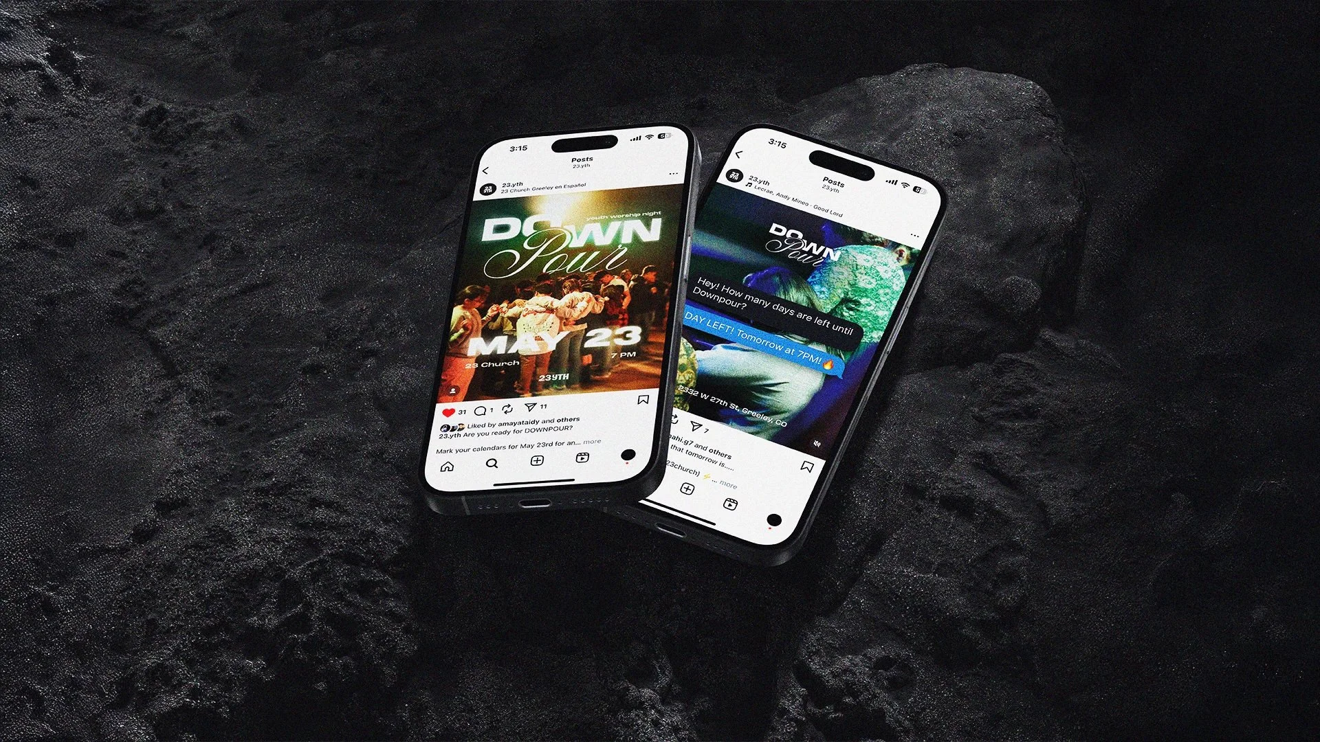 Two smartphones placed on black textured surface, displaying social media posts about religious events scheduled for May 23rd and May 24th.
