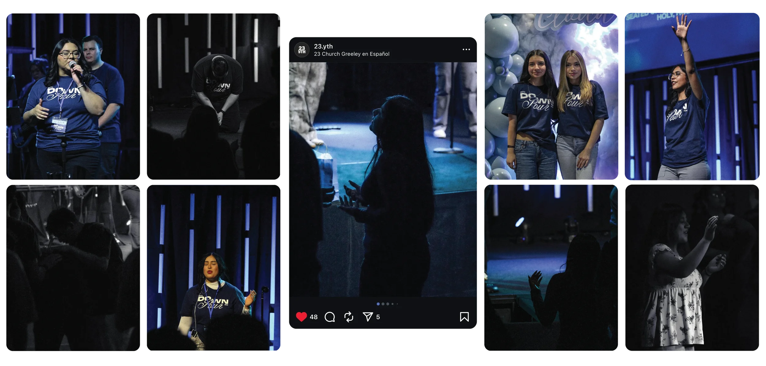 Collage of photos from a church event with people speaking and singing on stage, some in blue shirts, and an audience in dark lighting.