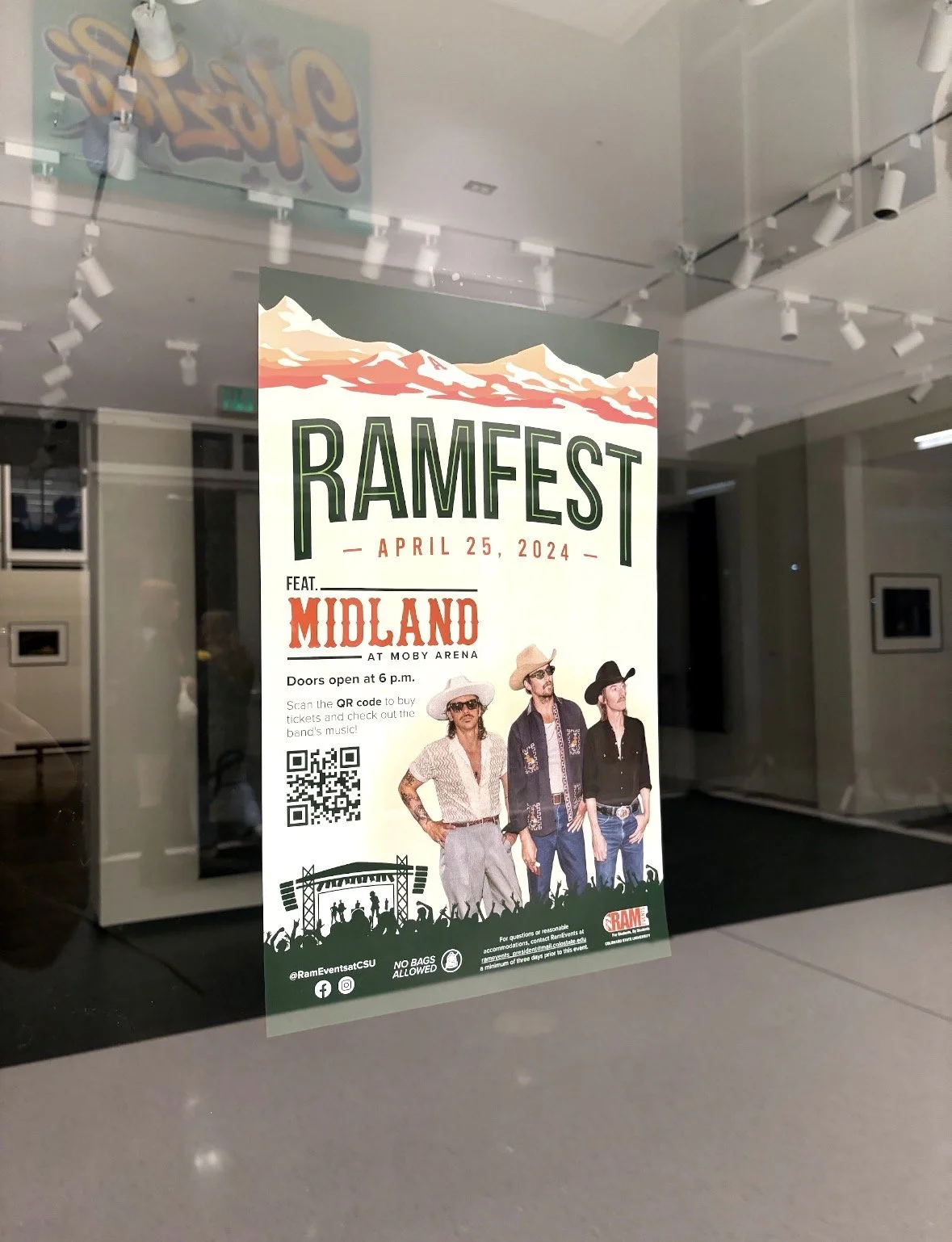 A promotional poster for Ramfest, scheduled for April 25, 2024, at Moby Arena, featuring the band Midland. The poster includes details about ticket purchase through a QR code, door opening time at 6 p.m., and band photos in cowboy attire at a concert