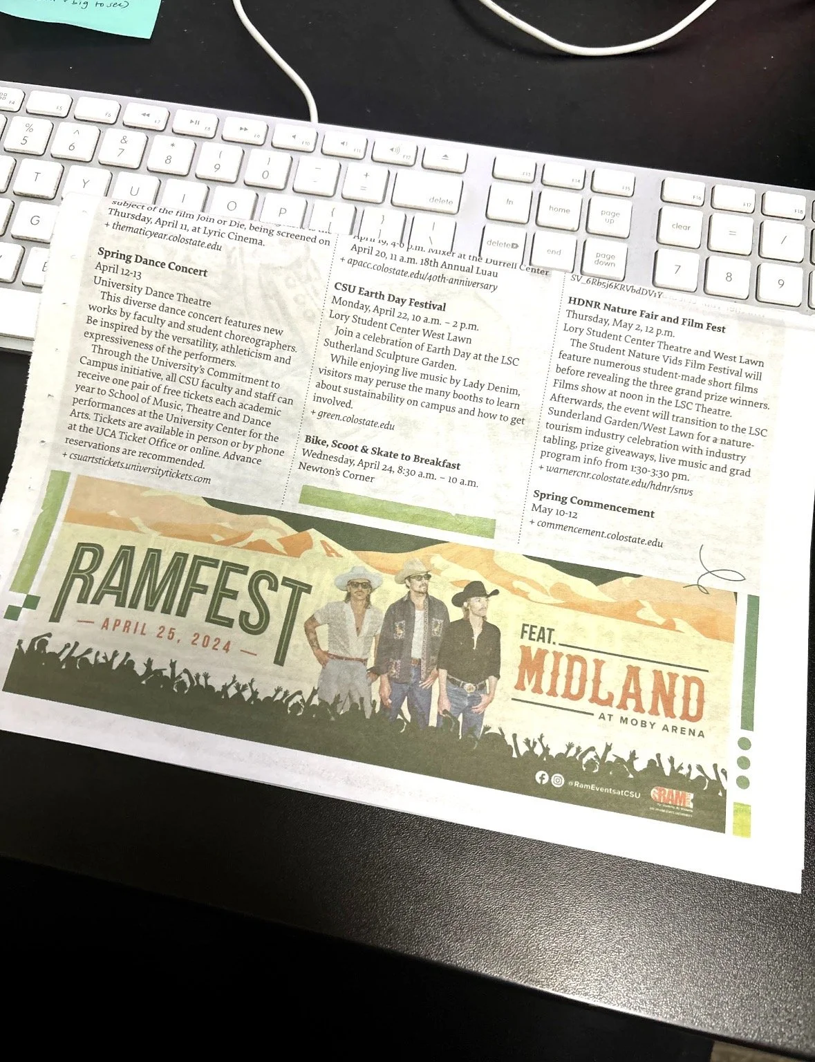 Flyer for Ram Fest on April 25, 2024, featuring the band Midland at Moby Arena, with images of three band members and a crowd silhouette.