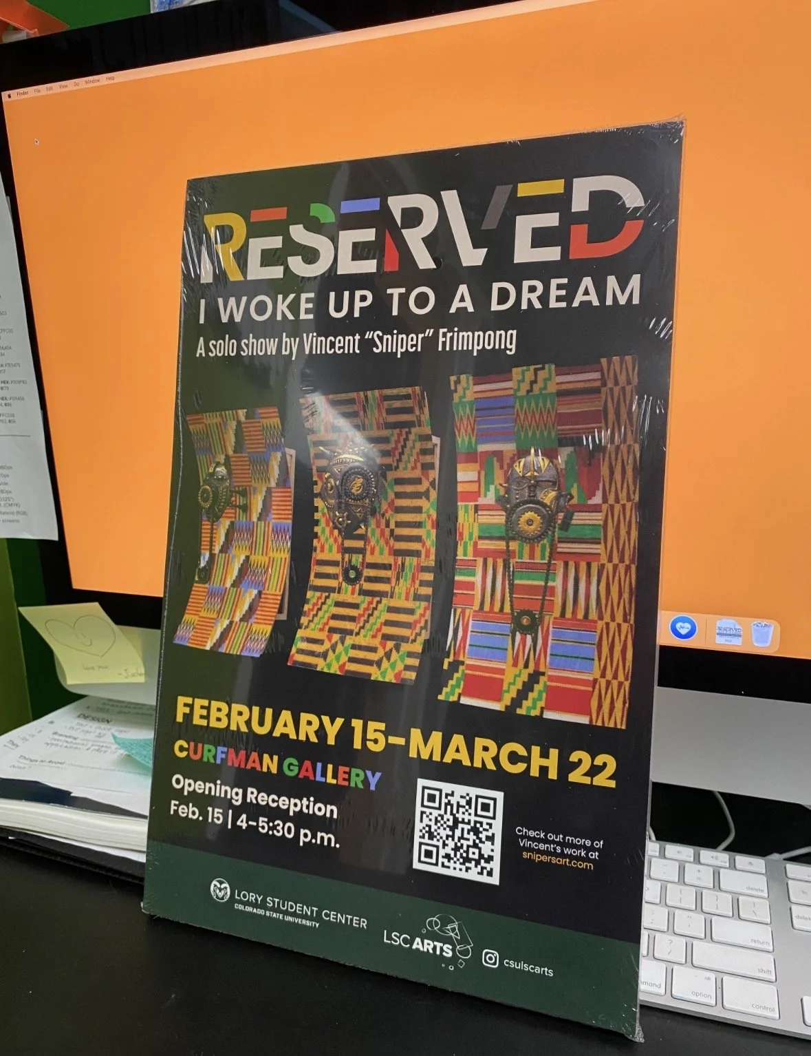 Poster advertising an art show titled 'RESERVED: I WOKE UP TO A DREAM' by Vincent 'Sniper' Frimpong, running from February 15 to March 22 at the Curfman Gallery, featuring a solo show with colorful patterned artwork and a QR code for more information