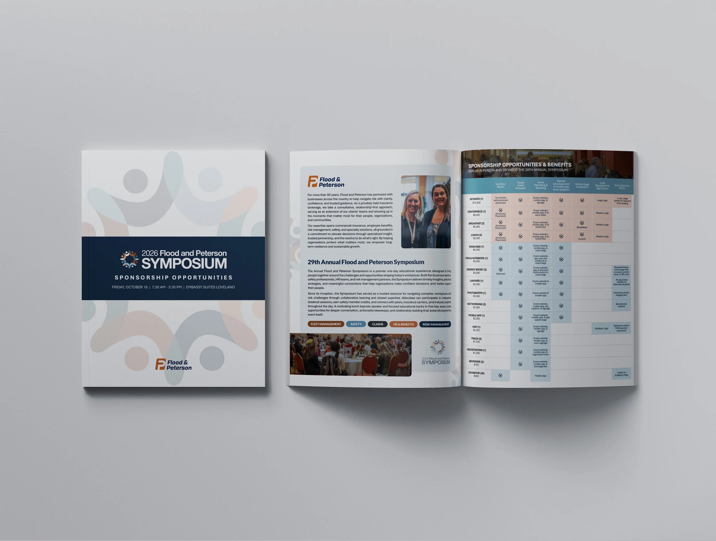 Open brochure for the 2026 Flood and Peterson Symposium featuring sponsorship opportunities and event details, with images of past attendees.