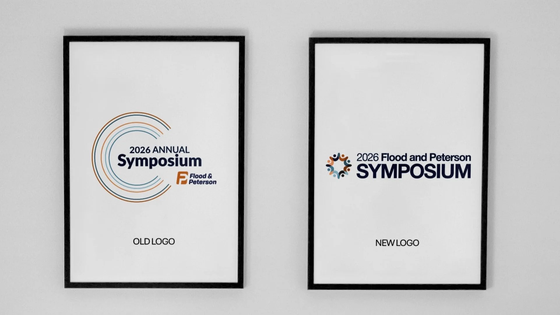 Comparison of two symposium logos, one labeled 'OLD LOGO' and the other 'NEW LOGO', for the 2026 Flood and Peterson Symposium, with the old logo featuring circular lines and the new logo featuring a colorful circular pattern.