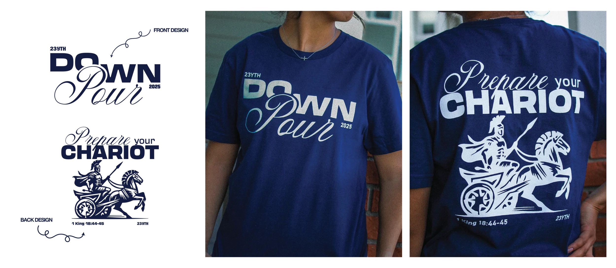 Designs for a blue T-shirt show a biblical quote and a warrior on a chariot. The front reads "23rd Down Your" with a stylized font, and the back features "Prepare your Chariot" with an illustration of a chariot pulled by two horses and a mounted warrior. The design references 2 Kings 18:44-45.