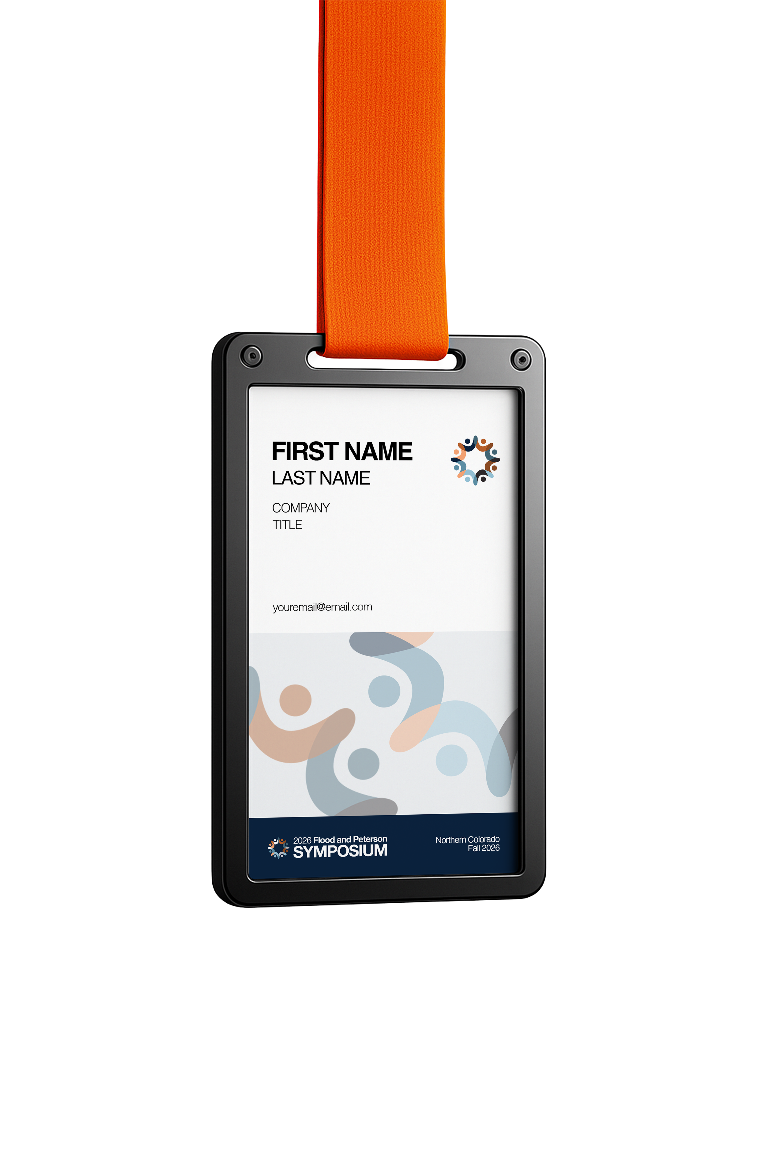A mobile phone with a conference badge attached to an orange lanyard. The badge displays the name 'First Name Last Name', a placeholder for company and title, an email address, and the logo for a symposium held in Northern Colorado in Fall 2026. The phone screen shows a colorful, abstract pattern and symposium details, including the title 'Flood and Peterson Symposium'.
