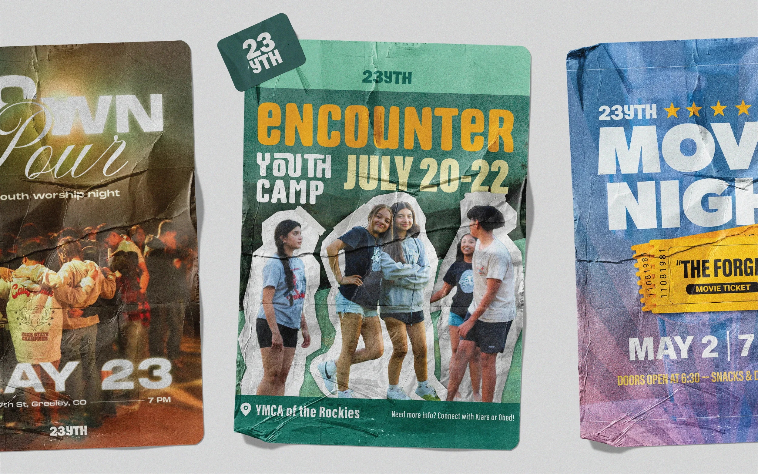 Three crumpled event posters featuring dates, titles, and images of people and scenes. The middle poster promotes Encounter Youth Camp from July 20-22 with a group of teenagers smiling. The right poster advertises a movie night on May 27. The left poster appears to advertise a youth worship night on May 23.