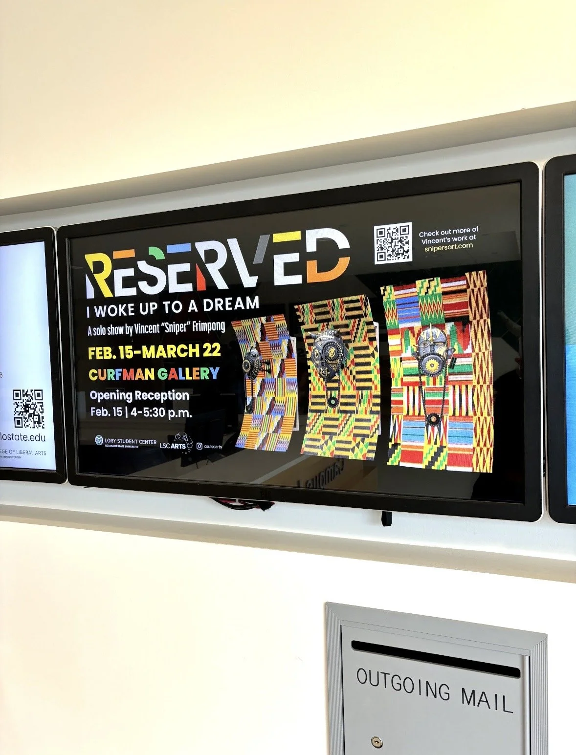 Digital display advertising art exhibit titled "RESERVED: I WOKE UP TO A DREAM" a solo show by Vincent 'Sniper' Frimpong at CURFMAN GALLERY from February 15 to March 22, with an opening reception on February 15 from 4 to 5:30 p.m.