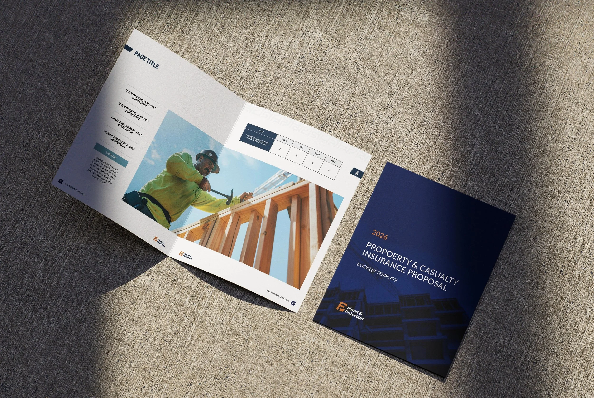 A printed brochure for property and Casualty insurance proposals with a construction worker on the cover, laid out on a textured gray surface.